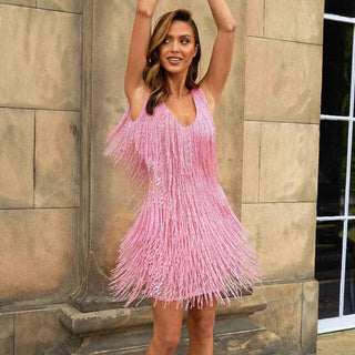 Zazie – Glitzerndes Fransen - Minikleid mit V - Ausschnitt - Cecile LavelleRosa